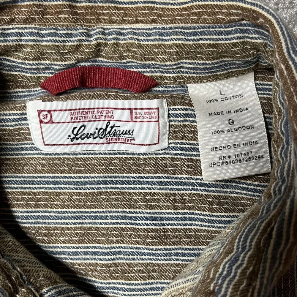 Levis Brown & Blue Striped Button-Up Shirt‎ L 100% Cotton Mens Western Workwear